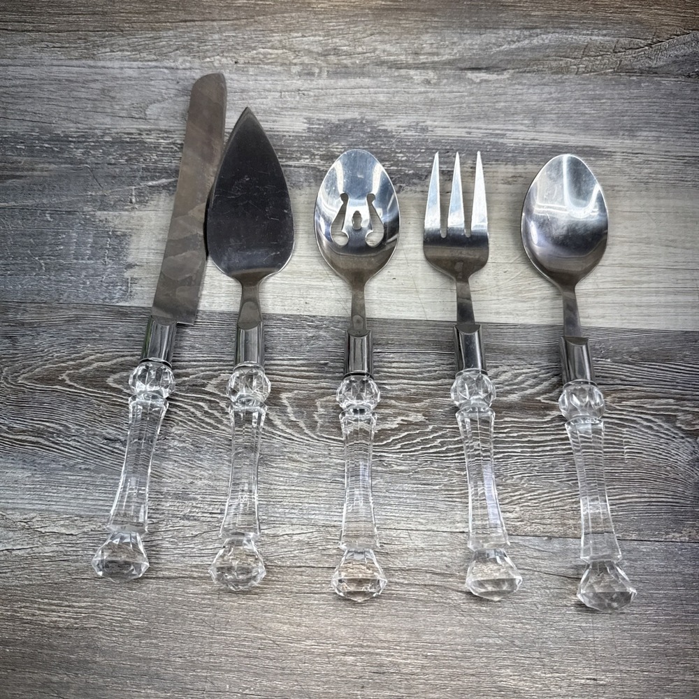 Bellamo 5pc Clear Lucite Handle Serving Set Hostess Fork Spoon Utensils MCM II
